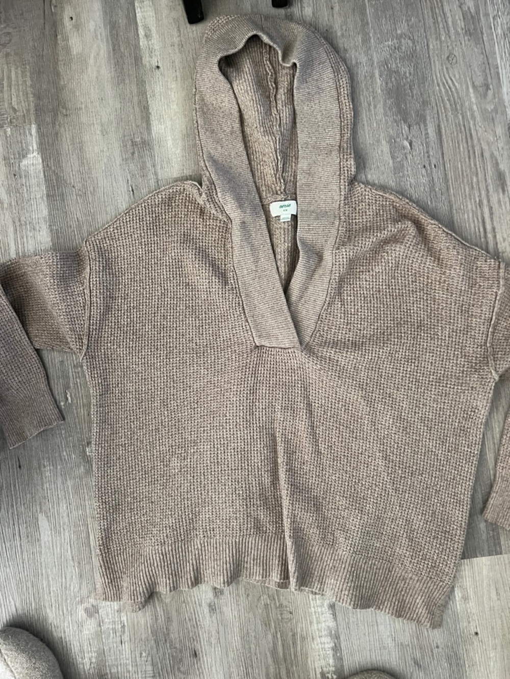 aerie Hooded Waffle Knit Sweater in Taupe